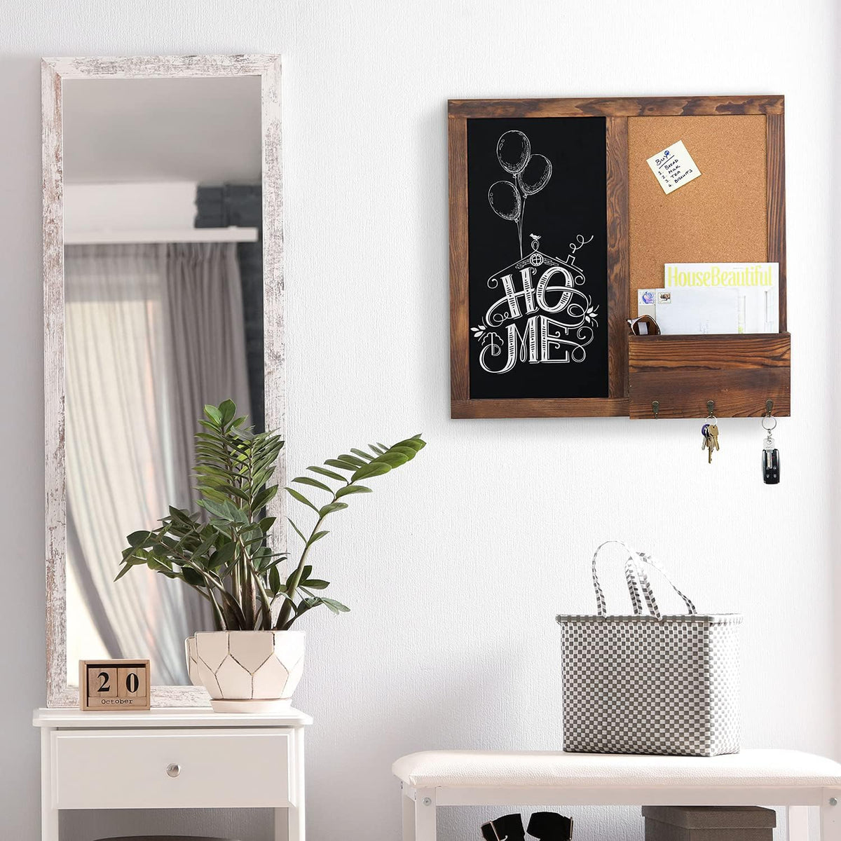 MyGift Rustic Dark Brown Wood Wall-Mounted Chalkboard with Cork Board, Mail Sorter, & Key Hooks