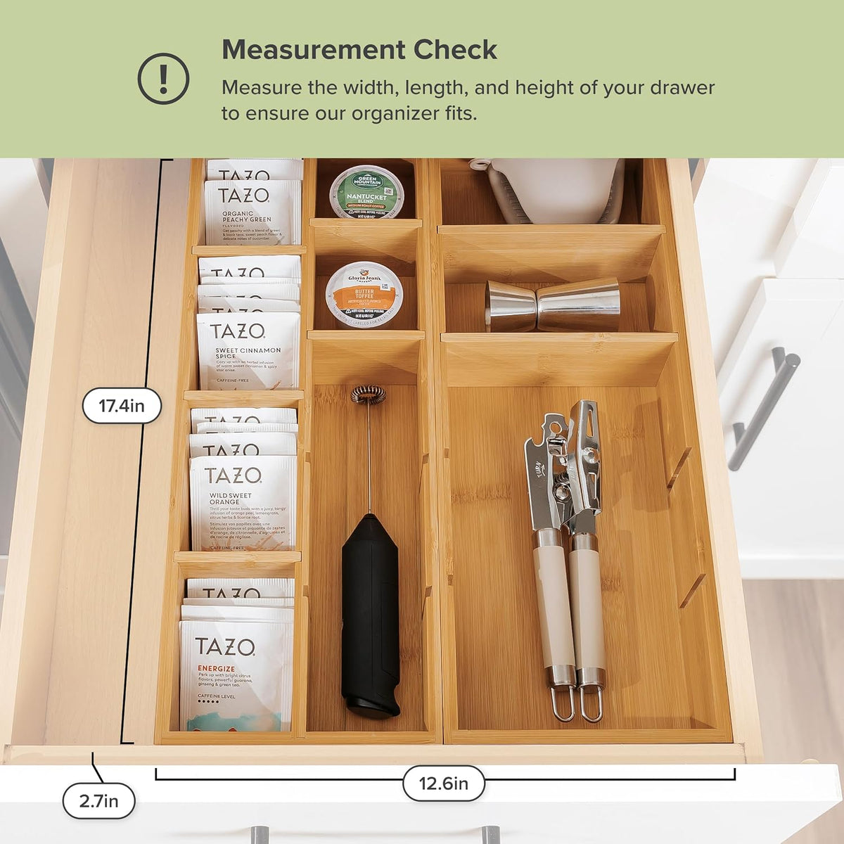 KitchenEdge Utensil & Tea Bag Drawer Organizer, Bamboo