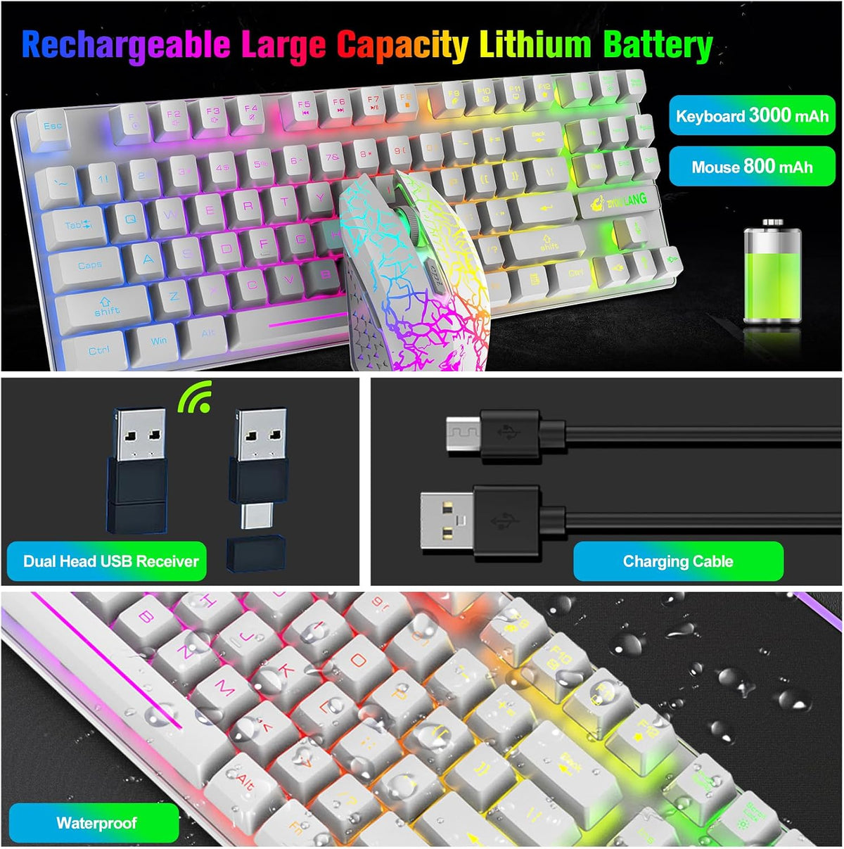 Wireless Membrane Gaming Keyboard and Mouse Set with 87Key Tenkeyless-White