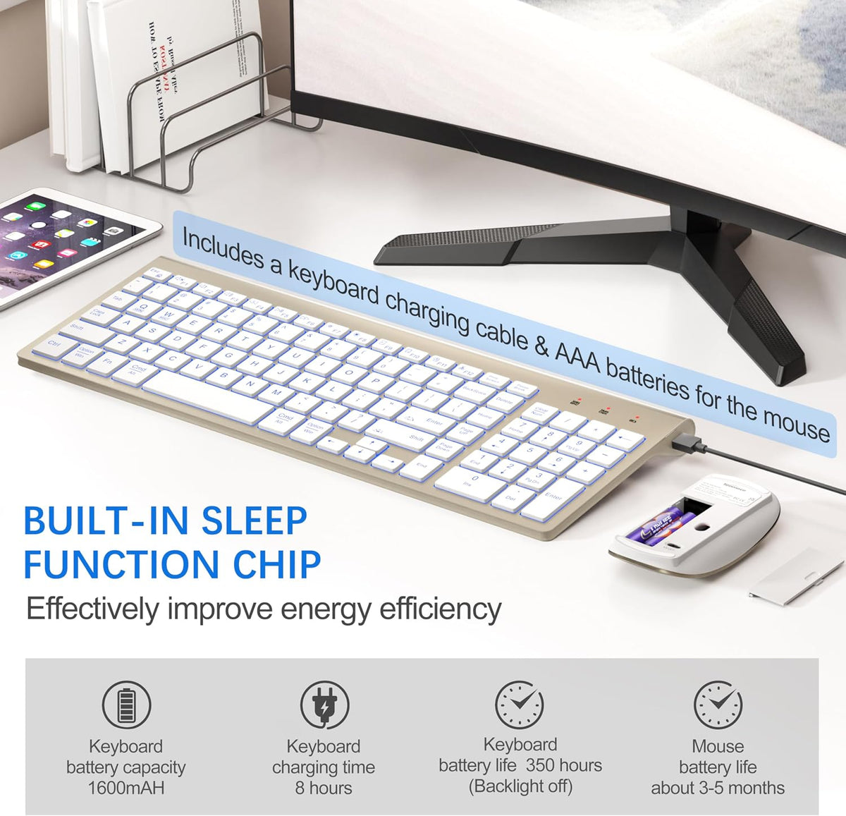 Wireless Backlit Keyboard and Mouse Ultra Slim Combo, TopMate - Gold White