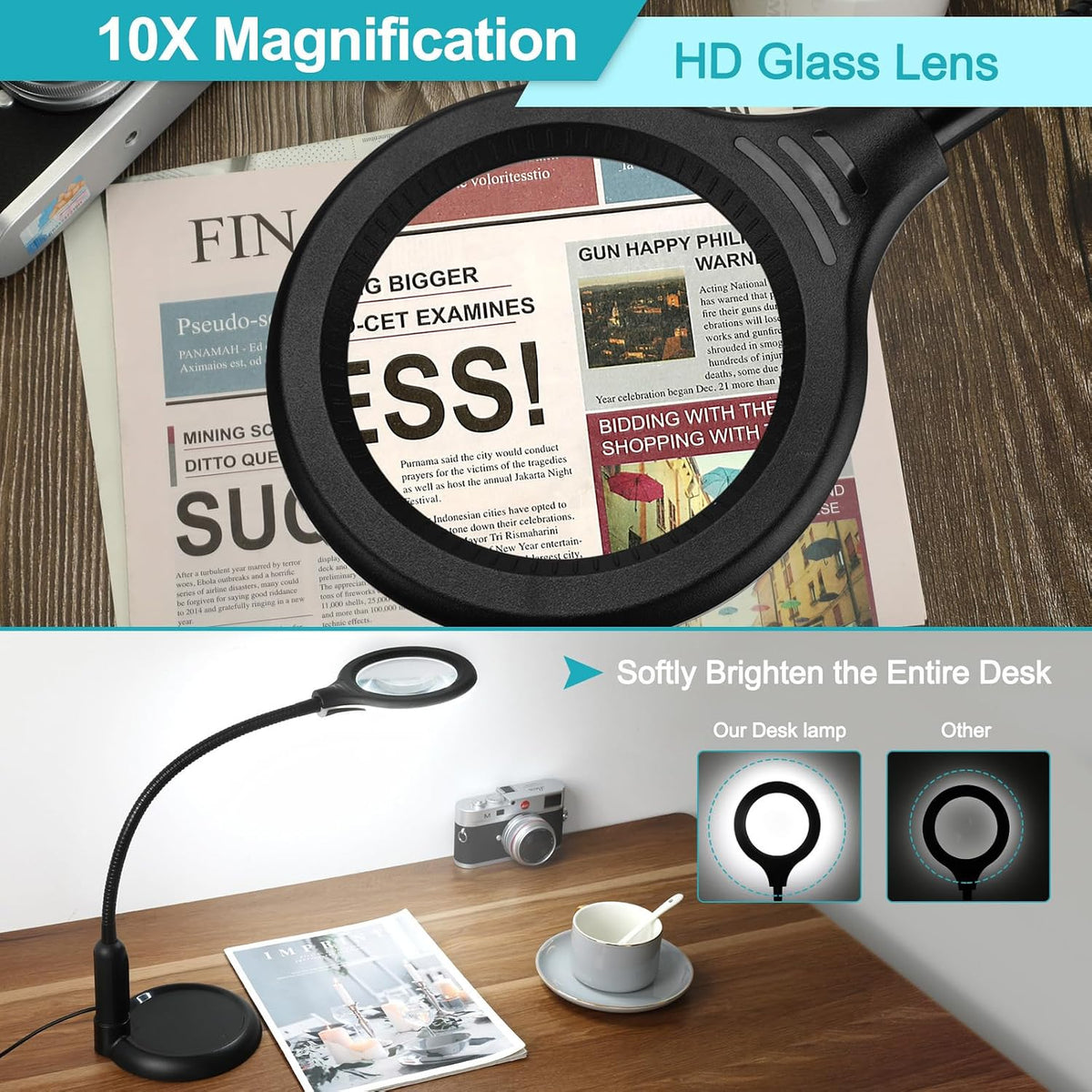 10X Magnifying Glass with Light and Clamp, 5 Color Modes Stepless Dimmable Lighted Magnifier with Stand, Flexible Gooseneck LED Desk Lamp Hands Free for Craft Reading Painting Hobby Close Work