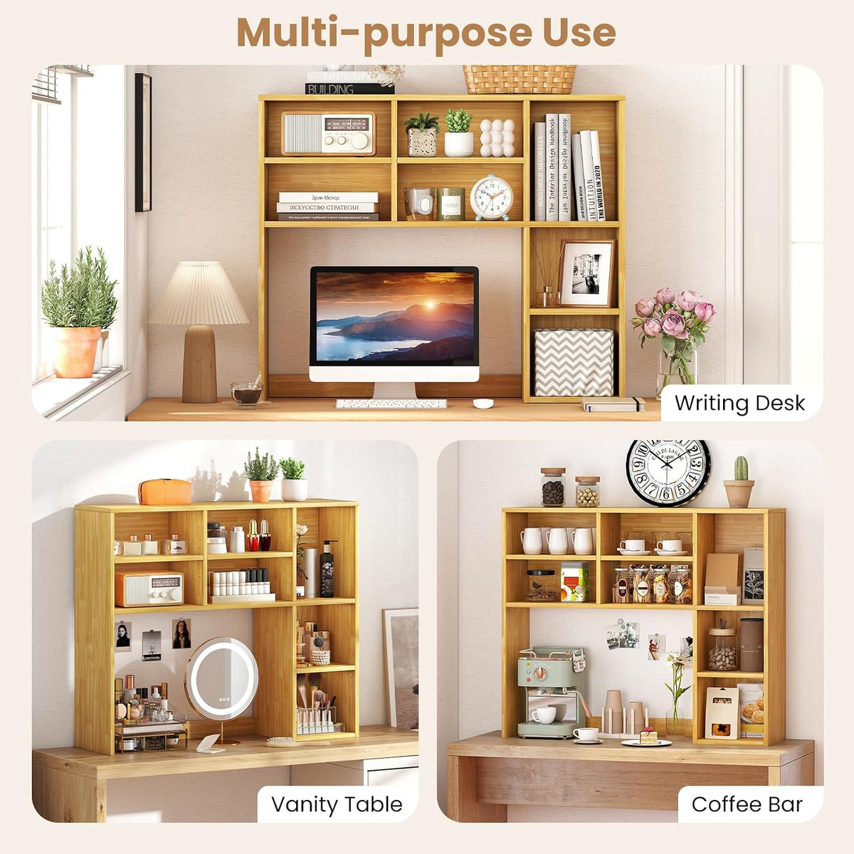 GOFLAME 7 Cubes Desktop Bookshelf, 37” Desk Organizer Shelf with 3 Adjustable Shelves, 3-Tier Wood Countertop Display Rack, Multipurpose Tabletop Desk Hutch for Dorm, Home Office, Burlywood