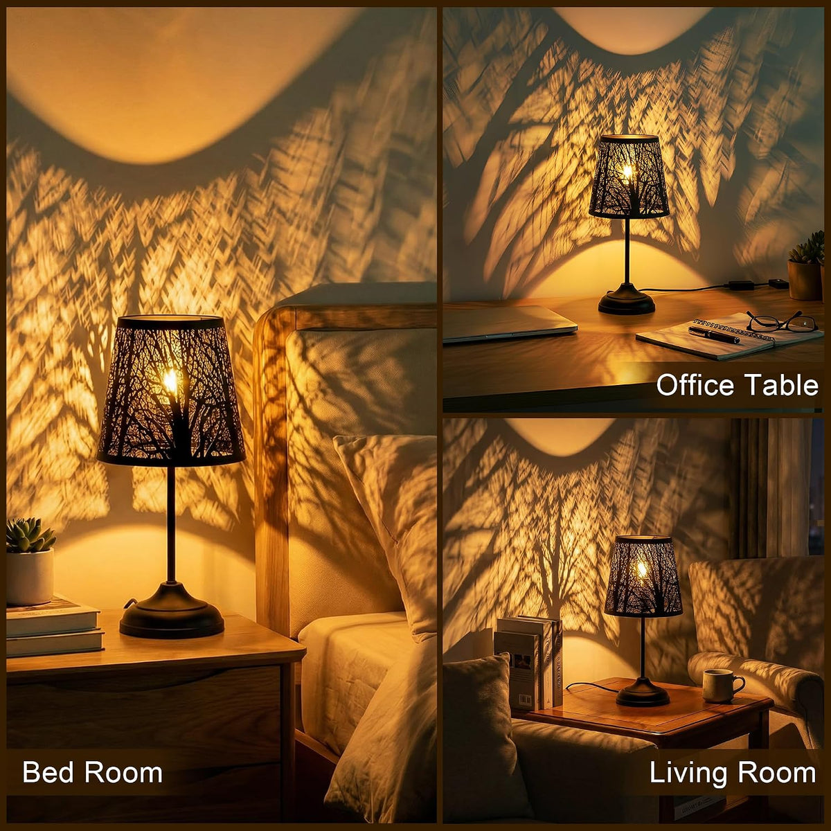 ZQQLITE Touch Control Table Lamp, Black Metal Tree Pattern Shadow Lamp Lights Mini Lamps with dimmable 3-Levels Brightness Vintage Accent Decor Lamp Indoor Mood Lighting Bedroom Living Room (Black)