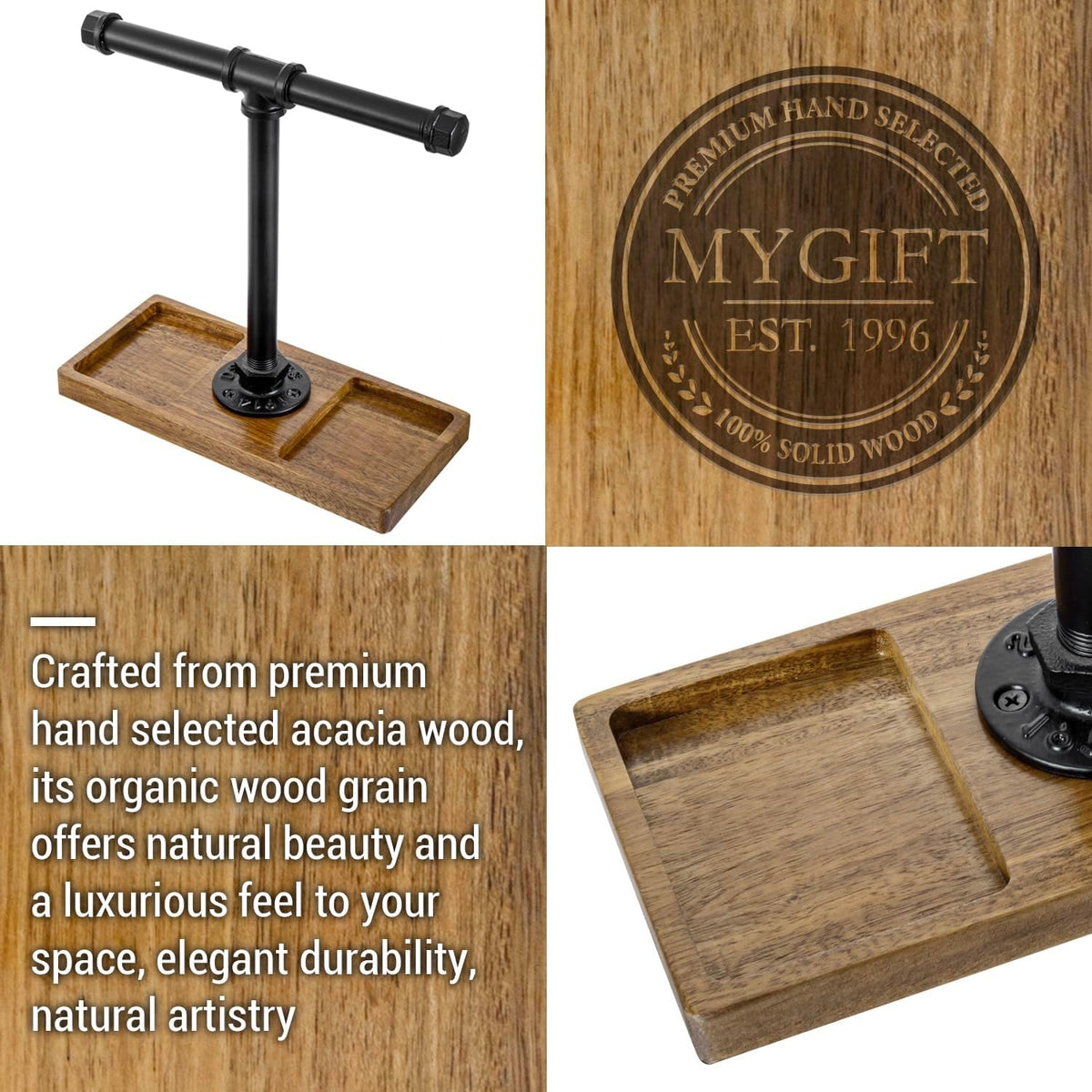 MyGift Premium Acacia Solid Wood and Industrial Black Metal Pipe T-Bar Over Ear Headphones Holder, Tabletop Dual Headphone Display Stand with Accessories Tray