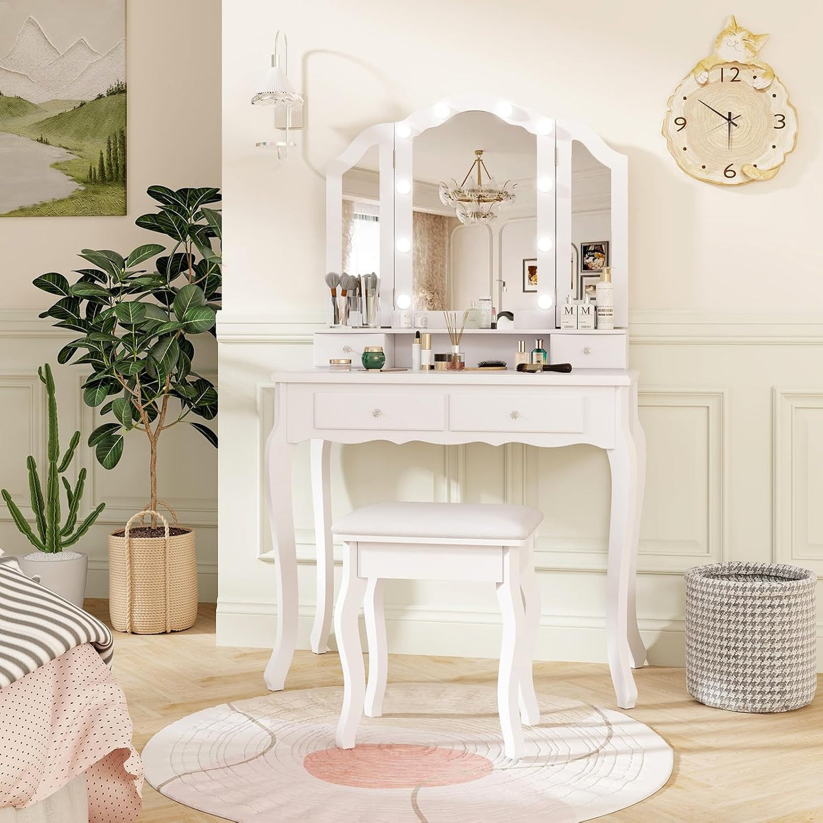 CHARMAID Vanity Desk with Mirror and Lights, Tri-Folding Lighted Mirror