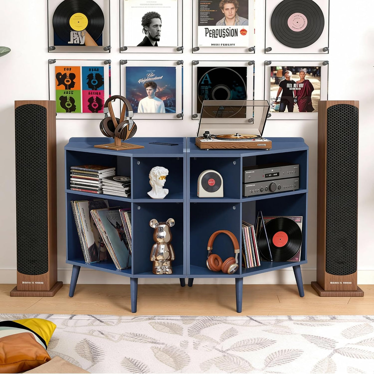 Corner Record Player Stand with Charging Station & USB Ports