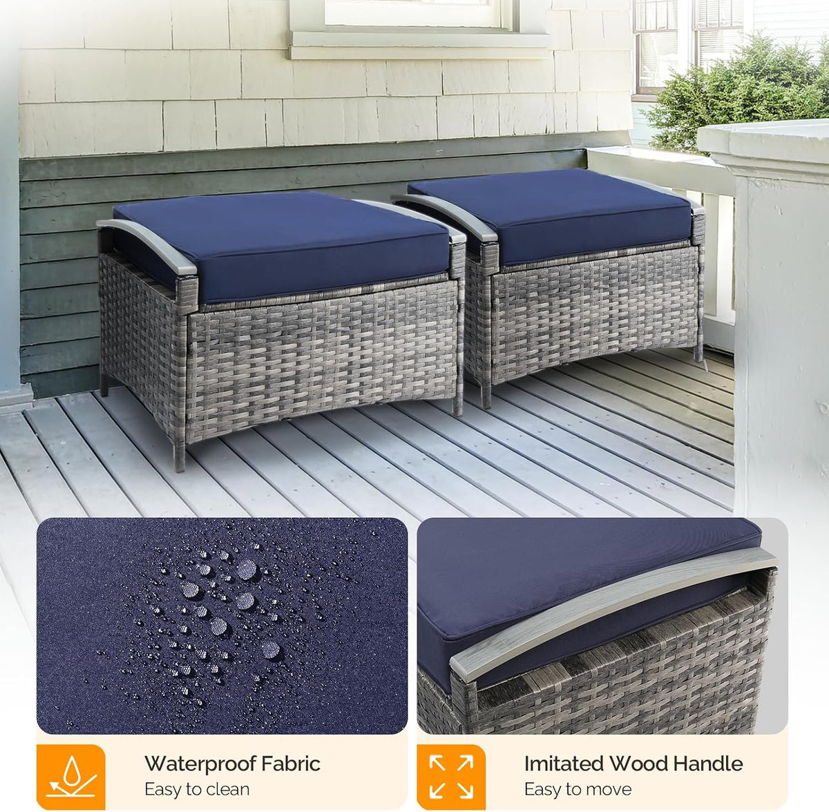 VINGLI 2 Pieces Rattan Ottoman with Storage, Wicker Patio Furniture w/Removable Cushion, Multipurpose Footrest Stool for Outdoor (Classic Gray)