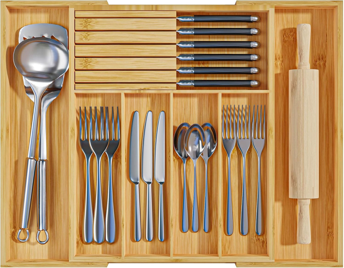 Silverware Organizer with Removable Knife Block - Bamboo Utensil Organizer for Kitchen Drawers Expandable Cutlery Organizer W12.8-20.2" x L16 x H2 (Yellow)