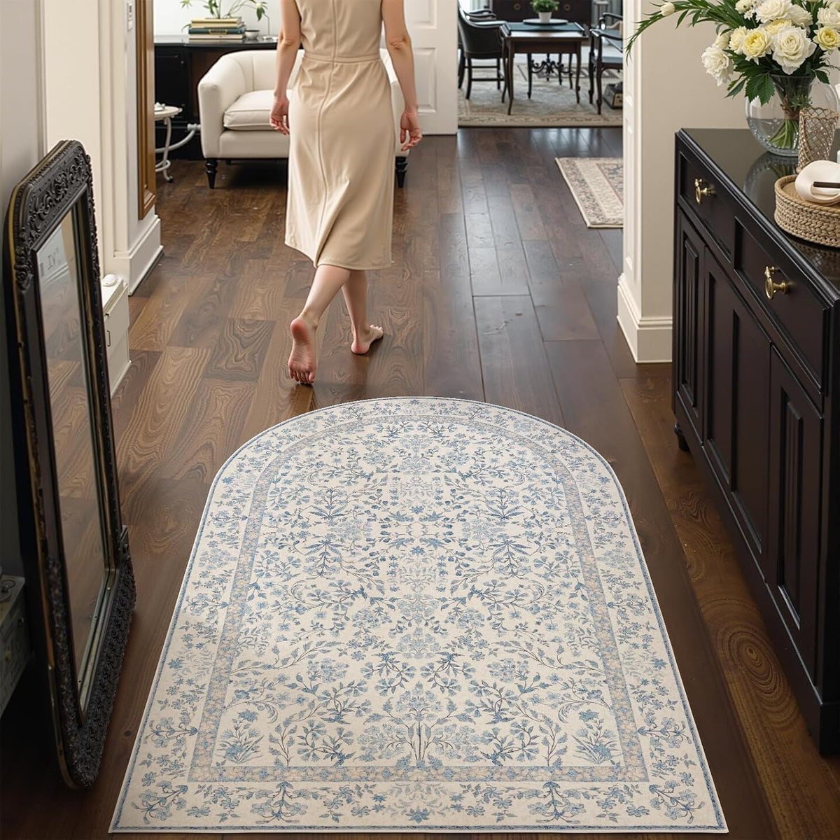 jinchan 4x6 Washable Entryway Area Rug, Vintage Blue Floral Non-Slip