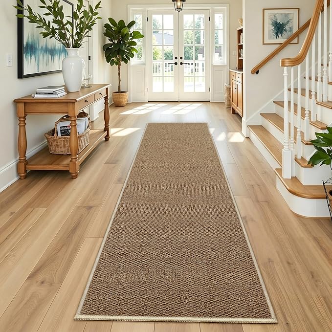 Faux Jute Hallway Runner Rug 2'x6', Washable & Non-Slip, Taupe | 0.27" Low Pile