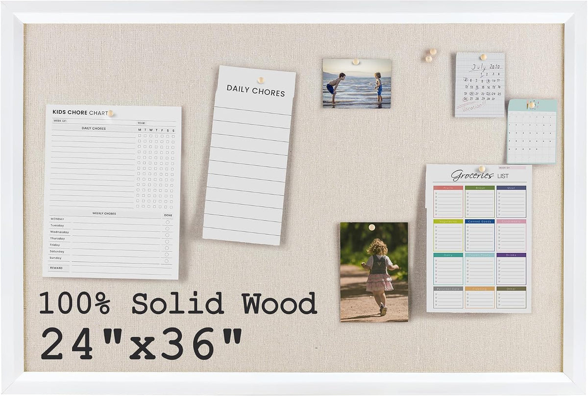 Bulletin Board Cork Board with Linen, 100% Wood Framed 24" x 36" Bulletin Board Decorations, Pin Boards for Walls, Wall Mounted Fabric Picture Board with 10 Pushpins for School, Home & Office, White