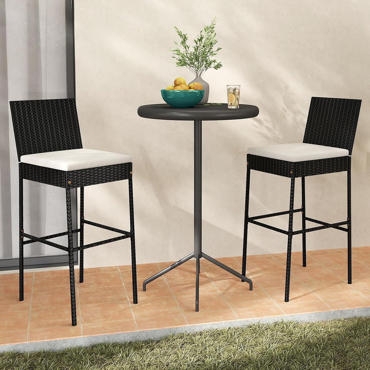 Tangkula Set of 2 Patio Wicker Barstools, Outdoor Bar Height Chair w/Soft Seat Cushion & Cozy Footrest, Heavy-Duty Metal Frame, 400 lbs Max Load, Mix Brown Rattan Bar Chair for Backyard, Balcony