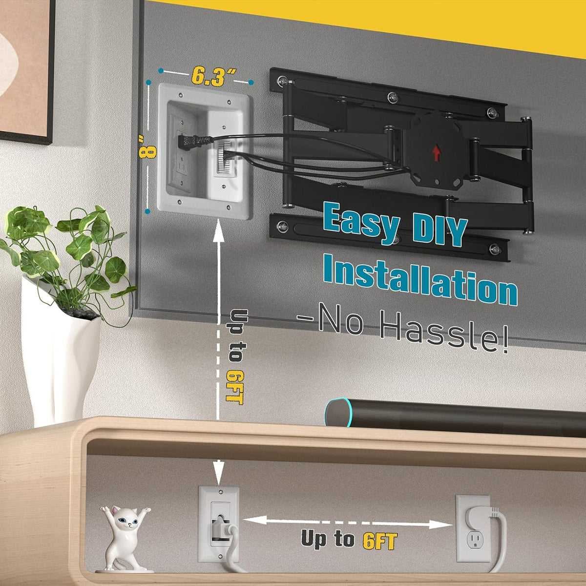 TV Cord Hider for Wall Mounted TV, in-Wall Cable Management Kit, Outlet Box– Dual Outlet Cord Hider with Power & Low Voltage Support, Includes Drywall Saw, Template & Extension Cable