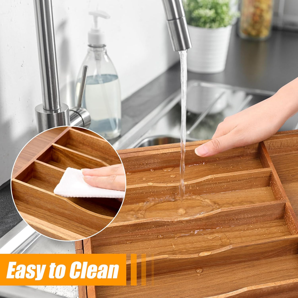 Bellsal Acacia Silverware Organizer Kitchen Drawer Organizer Expandable Bamboo Utensil Holder Cutlery Tray for Kitchen Utensil and Flatware Bedroom Office