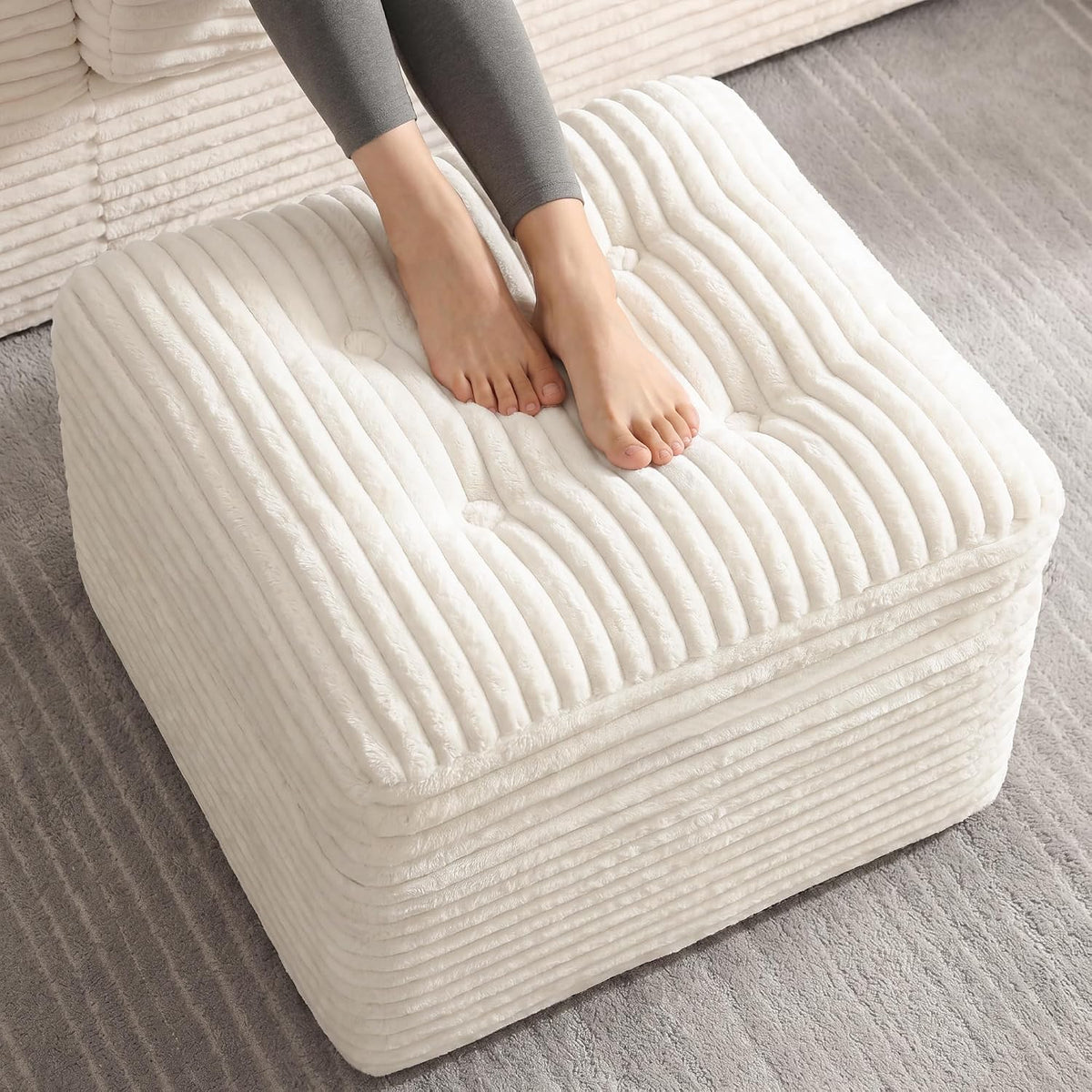 23.6in Pouf Ottoman, Corduroy Footstool Foot Rest Seating, Beige