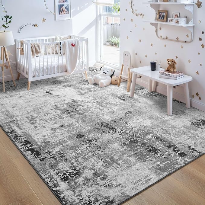 Living Room Rug 8x10 Gray Area Rugs Machine Washable Abstract Boho Large Rug