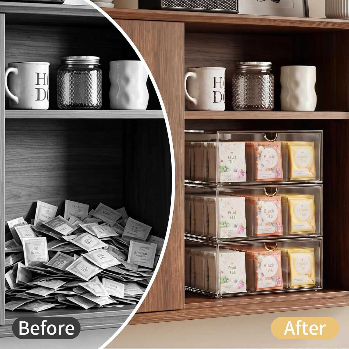 3 Pack Clear Tea Bag Organizer Drawer, Stackable Tea Storage Chest with Dividers for Kitchen, Pantry, Bathroom, Vanity, Countertop – Multi-Purpose Coffee, Cosmetic, Jewelry, Craft Acrylic Storage Bins