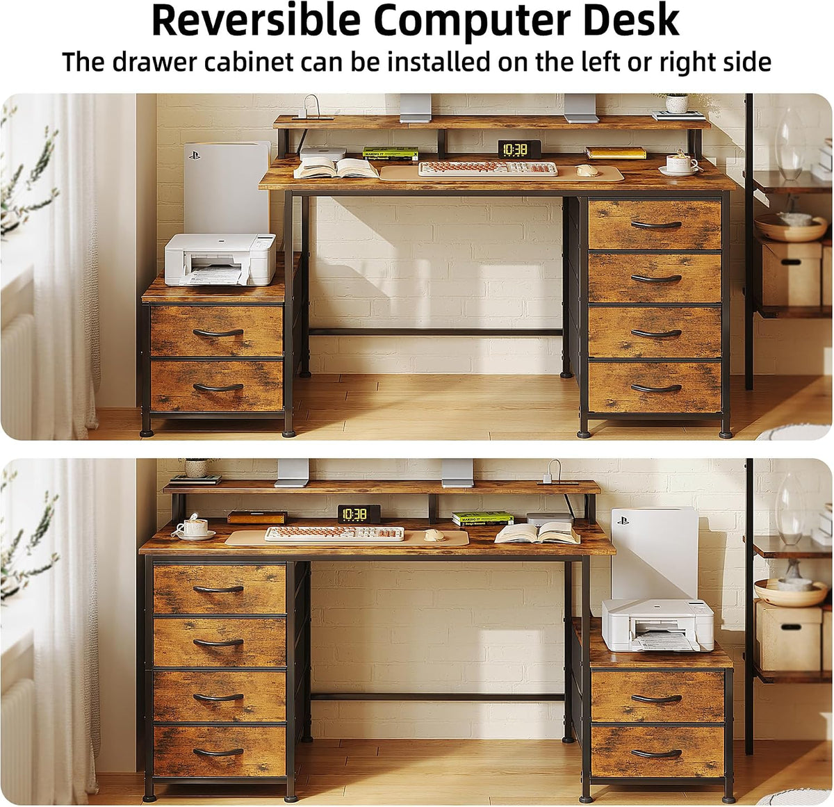52 Inch Office Desk with 6 Drawers and Printer Space for Storage, Reversible Computer Desk with Monitor Stand & Power Outlets, Home Office Desks, Vintage Brown