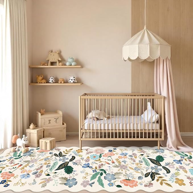 Washable 4x12 Wide Area Rug: Hallway Soft Floral Scalloped Carpet Water