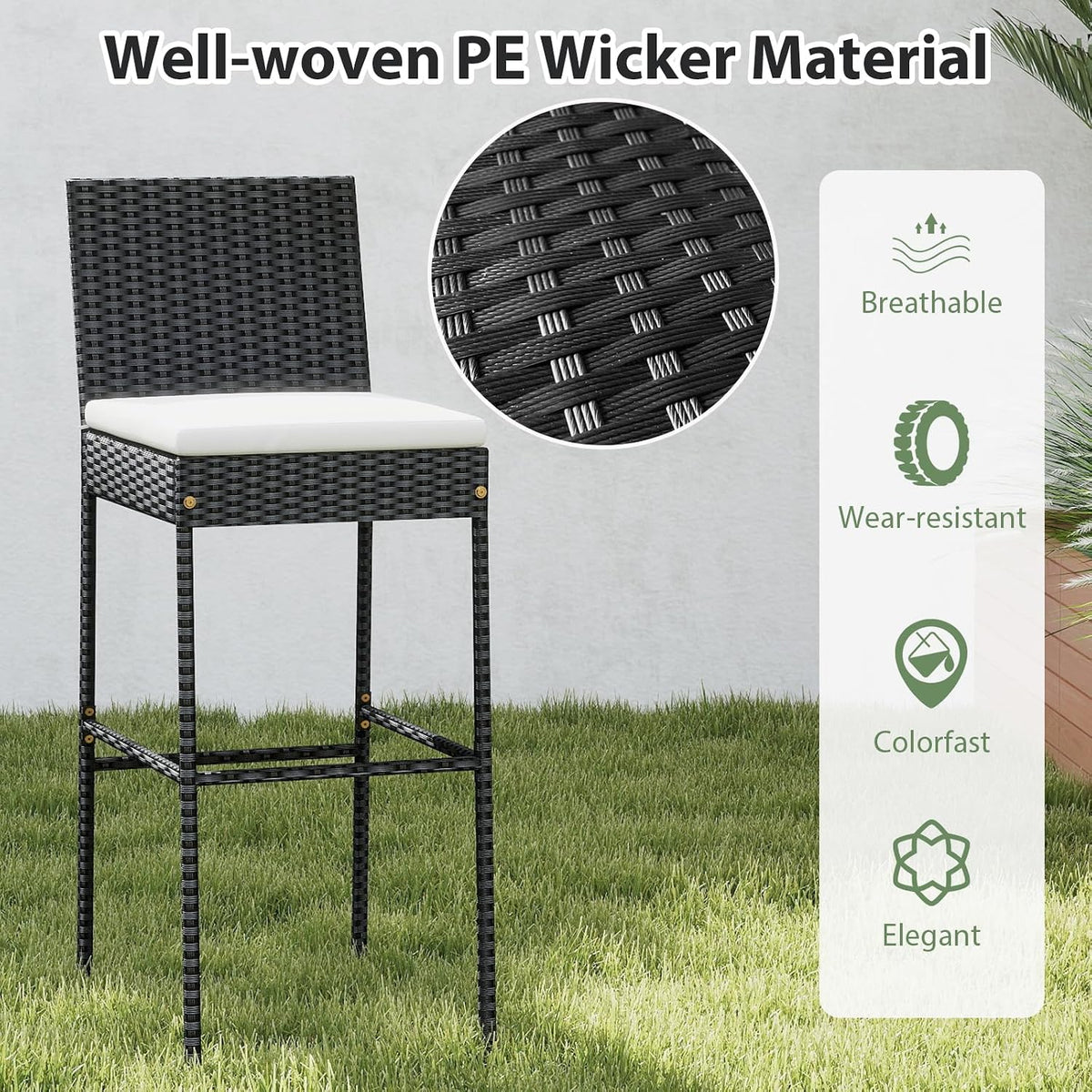 Tangkula Set of 2 Patio Wicker Barstools, Outdoor Bar Height Chair w/Soft Seat Cushion & Cozy Footrest, Heavy-Duty Metal Frame, 400 lbs Max Load, Mix Brown Rattan Bar Chair for Backyard, Balcony