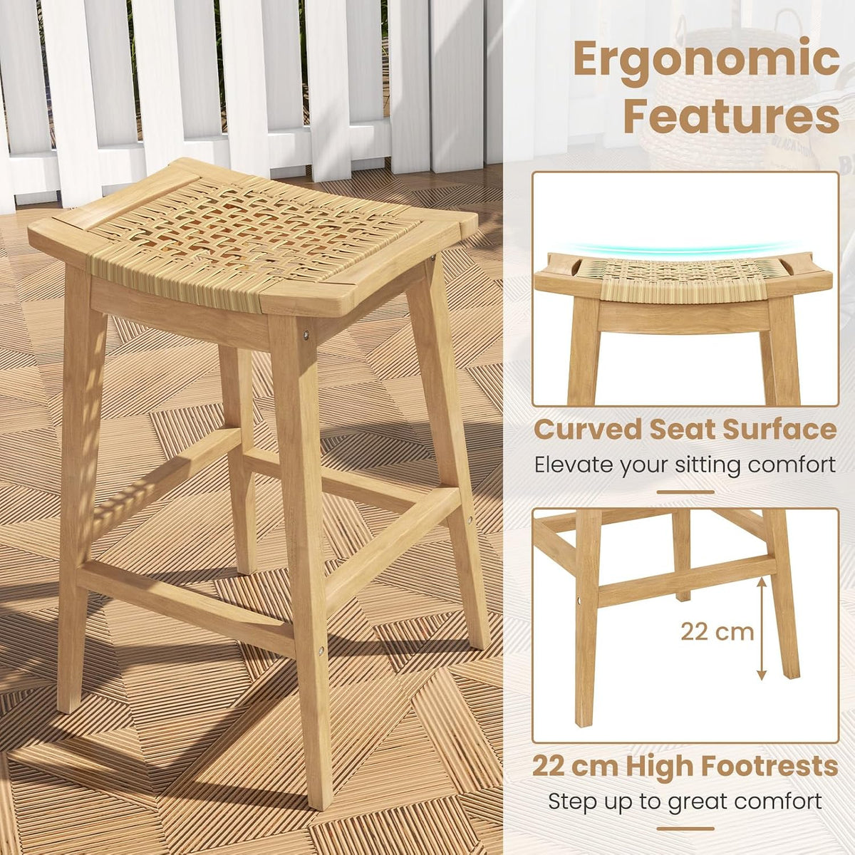 Tangkula Wood Bar Stool Set of 4, 29” Patio Rattan Acacia Barstool with Footrest & Saddle Seat, Boho Bar Height Stool for Indoors Outdoors, Bar Chair for Deck, Garden & Poolside, Natural (4)