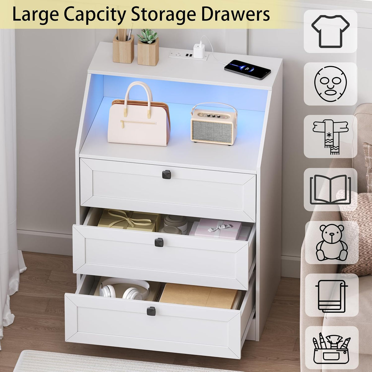 Wodeer White Dresser 3 Drawer Nightstand, Wood Night Stand with LED Lights, Charging Station, Metal Handles, Modern Storage Cabinet and Organizer Drawers for Living Room, Hallway