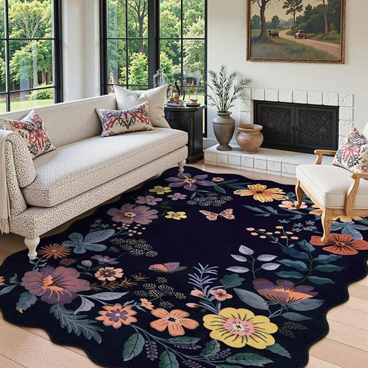 Lahome Floral Washable Rugs for Living Room, 5x7 Area Rugs Ultra-Thin Soft Rug