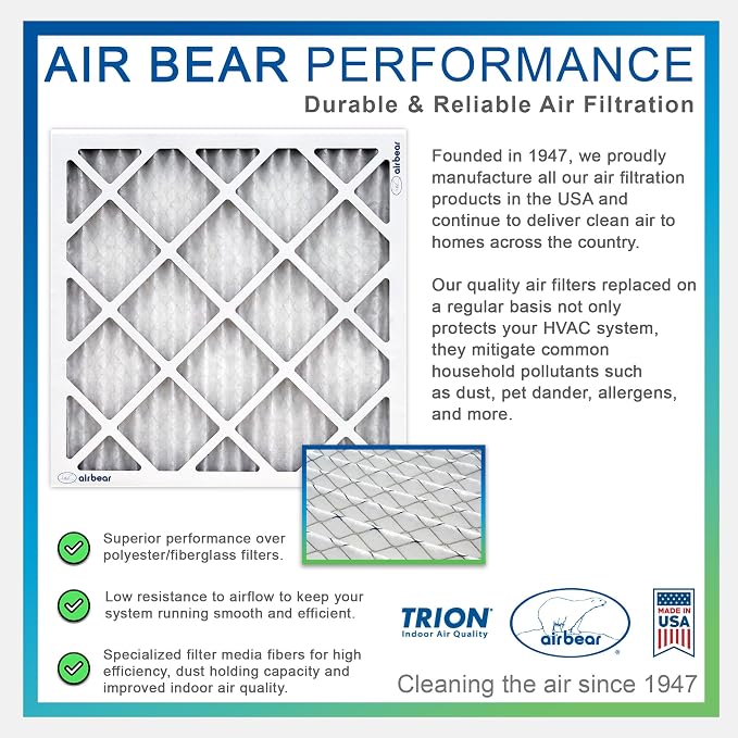 16x25x2 Air Filter MERV 8 TRION Air Bear Pleated HVAC Air Filter Replacement