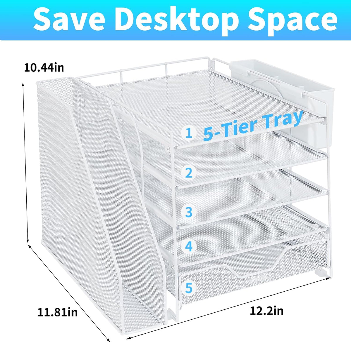 5-Tier Desk File Organizer with Drawer & Pen Holder (White)