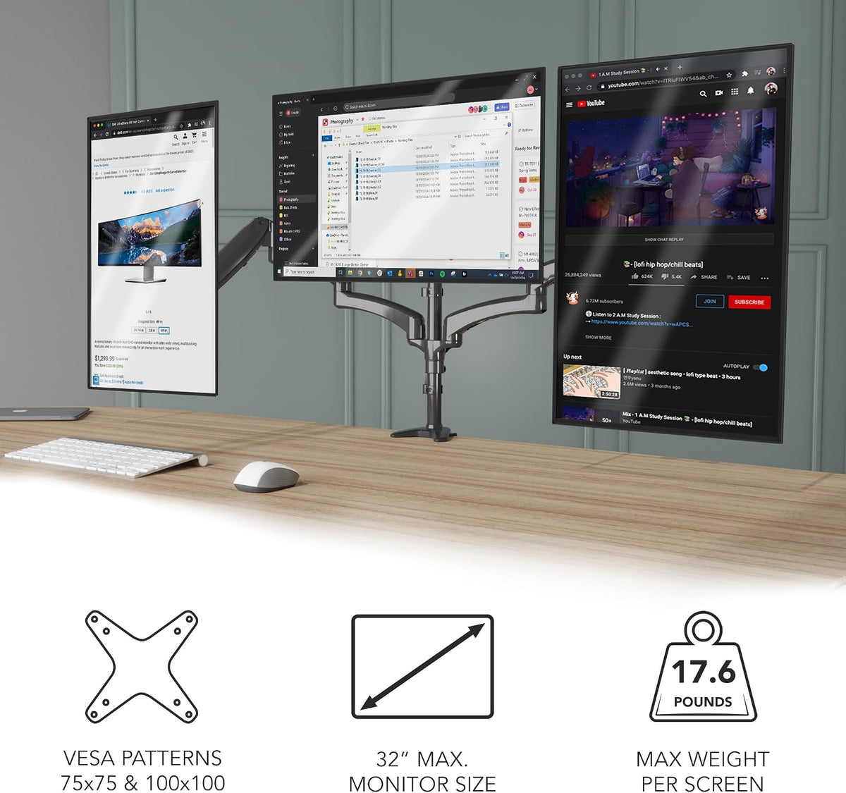 Mount-It! Triple Monitor Mount Desk Stand, 13-32", Black