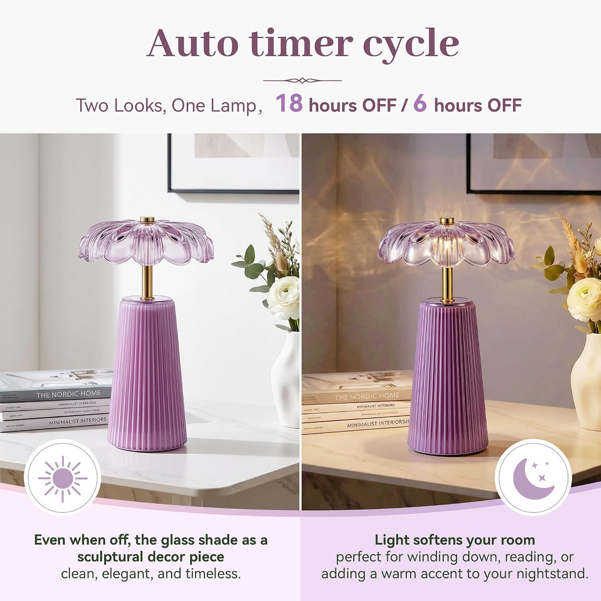 Battery Operated Lamp, Cordless Table Lamp with Timer, Purple