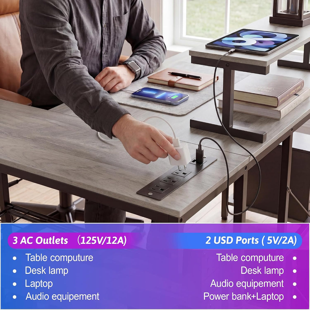 L Shaped Gaming Desk with Power Outlets & RGB LED Lights, 46" Corner Computer Table with Monitor Stand, Keyboard Tray, Storage Shelves & CPU Stand, Home Office Desk for Small Spaces, Grey