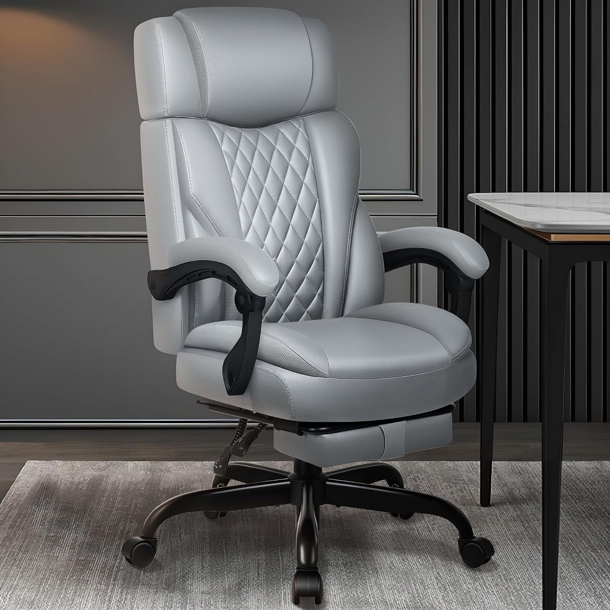 Executive Leather Office Chair, Big and Tall Office Chair with Footrest Home Office Desk Chairs, Ergonomic Computer Desk Chair with Lumbar Support, Reclining Desk Chair with Adjustable Angle
