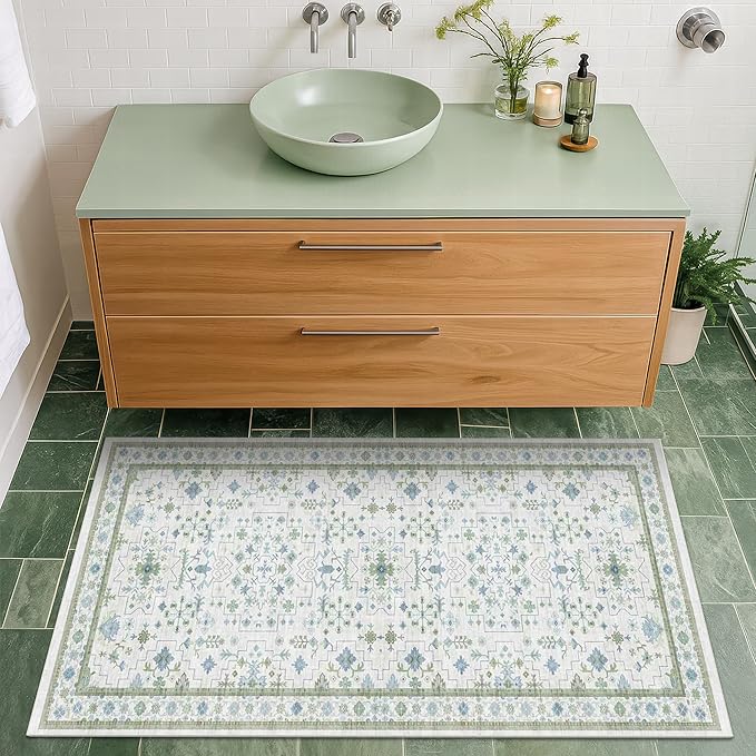 Cream Green and Blue 2x4 Boho Bathroom Rug