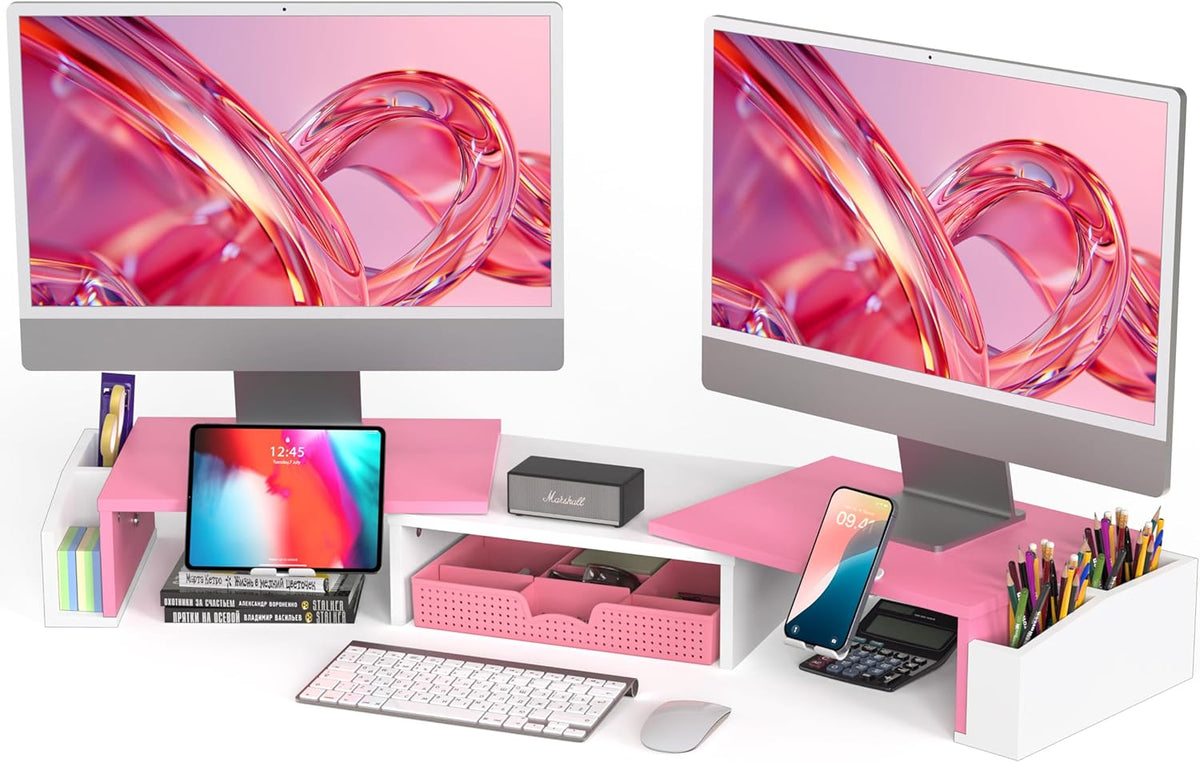 Simple Houseware Desk Dual Monitor Stand Riser with Drawer, Pink