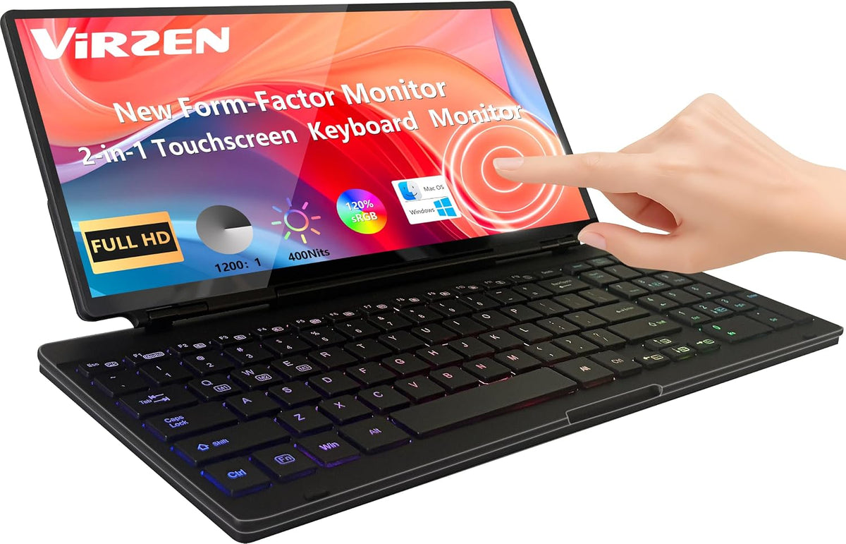 Portable Touchscreen Monitor with Silent Keyboard 12.8" Ultra-Slim Stretched Bar Screen Folding FHD 120% sRGB, USB-A/C Compatible Screen for Computers, Laptops, Mini PCs, Consoles