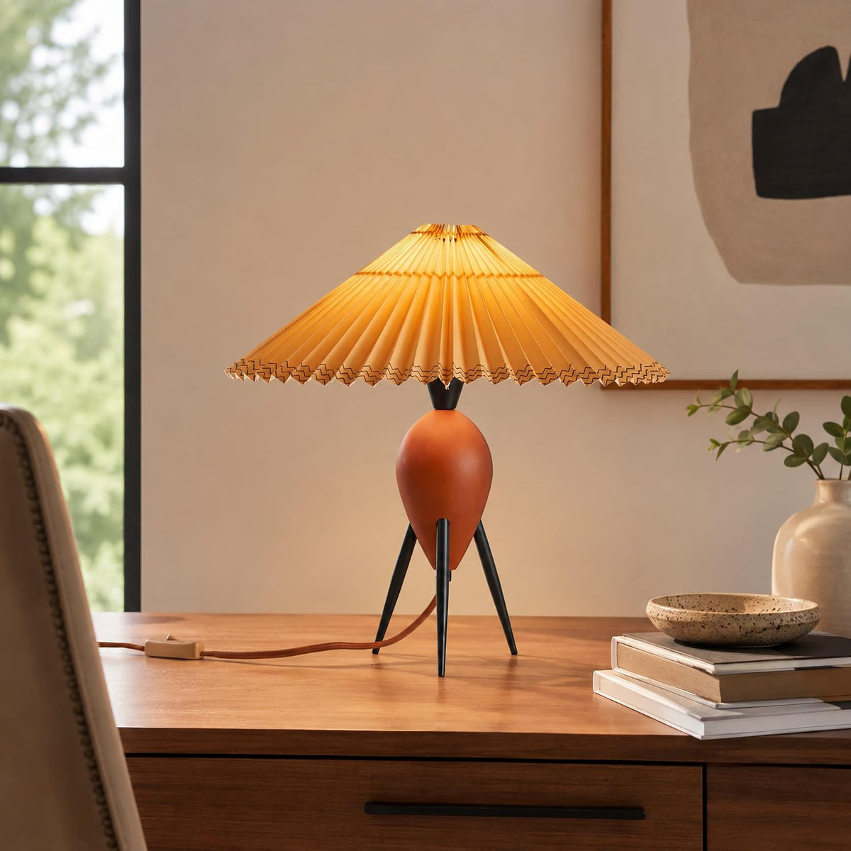 Japandi Zen Table Lamp, Red Solid Wood Tripod Base, Pleated Umbrella Shade