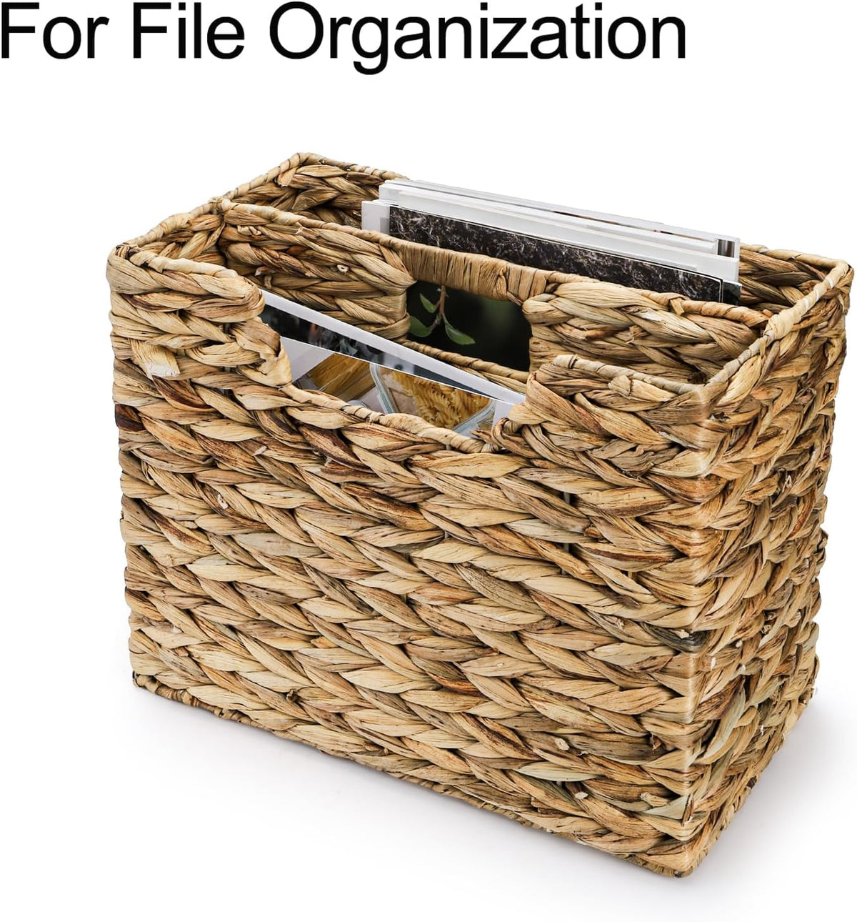 Yesland Hand-Woven Magazine Basket 14.5"x8"x11.75" - Natural Water Hyacinth Wicker Storage Organizer with Handle, 2 Compartments for Home Office Desk