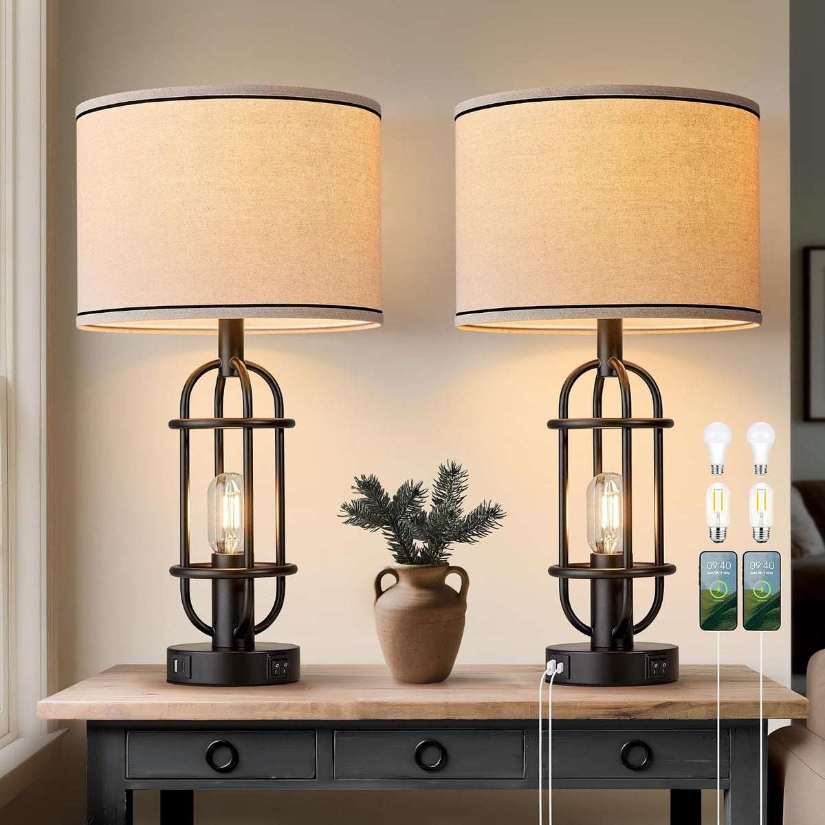 Reaketon 22.3” Farmhouse Table Lamps for Living Room Set of 2, Black