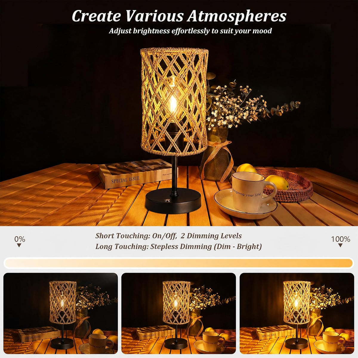 Rechargeable Outdoor Patio Table Lamps, Set of 2 Cordless Battery Operated Portable Boho Rattan Table Lights, for Covered Porch Balcony Garden Decor (Beige)