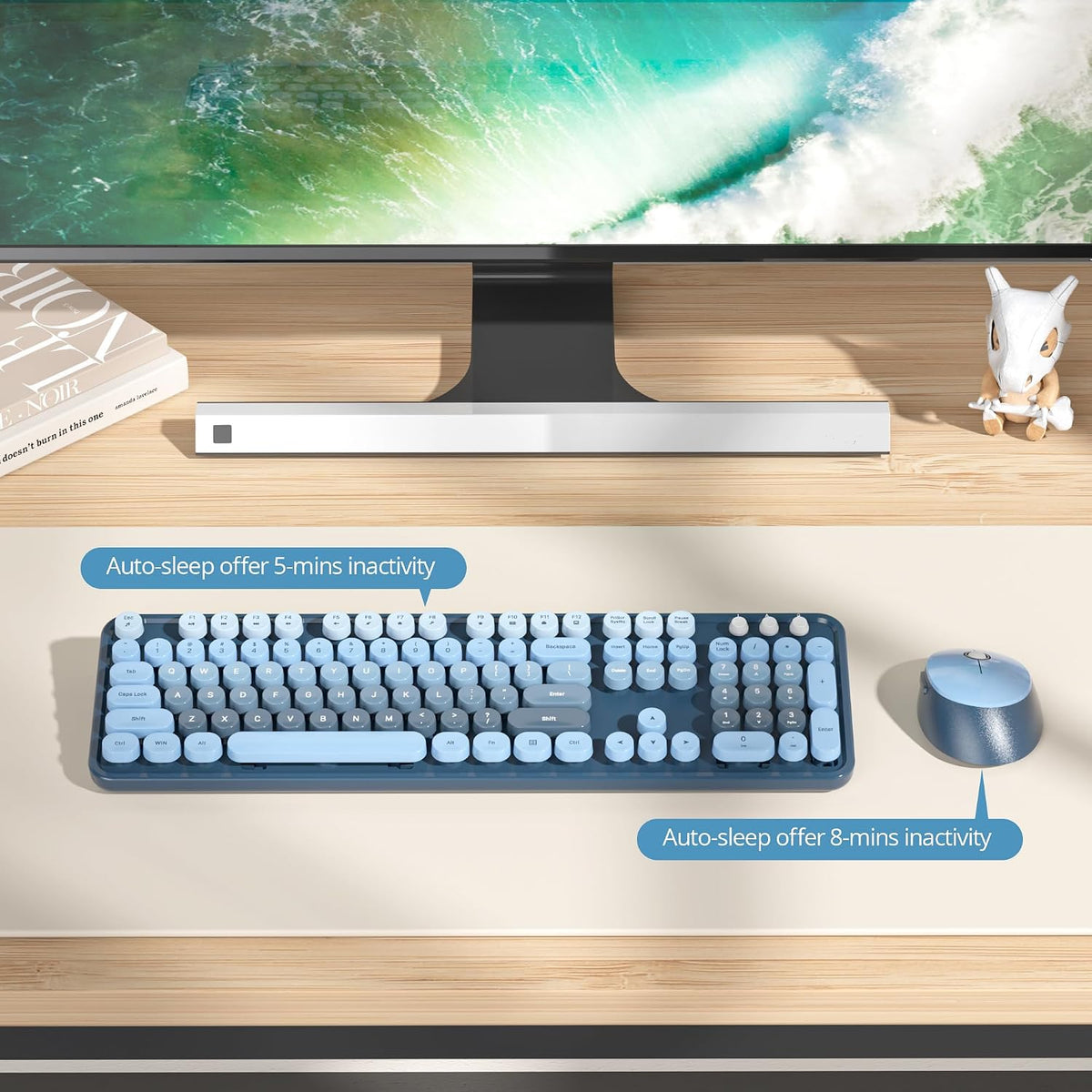 Wireless Keyboard and Mouse Set, Retro Typewriter Sea Blue