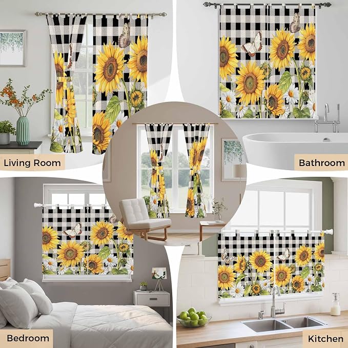 Sunflowers Kitchen Curtains 45 Inch Length, Short Cafe Window Curtains Tab Top
