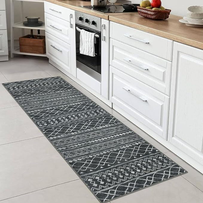 KUTA 2x6 Washable Runner Rug Non-Slip, Dark Grey Beige Moroccan Boho Rug Runner