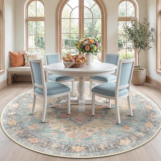 RELEANY Area Rugs Round 7ft Washable Non-Slip, Floral Vintage Distress