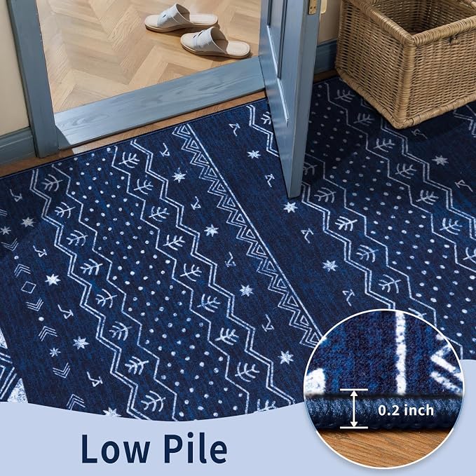 SERISSA Hallway Runner Rug, 2x10 Washable Non-Slip Blue and White Boho Rug