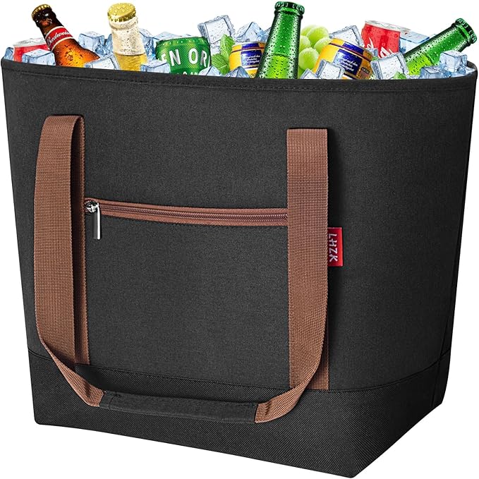 LHZK Jumbo Insulated Cooler Bag with Zipper, Collapsible Leak Proof Insulated Bag with Handles is Perfect for Grocery, Food Delivery, Beach, Picnic, Travel (50L, Black)