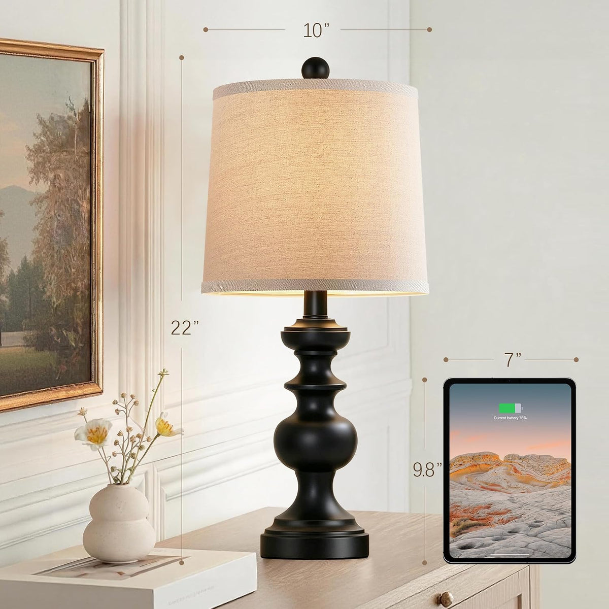 PARTPHONER Farmhouse Table Lamp Set of 2, Rustic Table Lamps for Living Room Bedroom, 22" Mid Century Modern Desk Lamp Bedside Nightstand Lamps with Linen Tapered Drum Shades, Matte Black