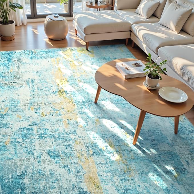 Ompaa Living Room Rug 8x10 Teal Blue Area Rugs Machine Washable Abstract Boho