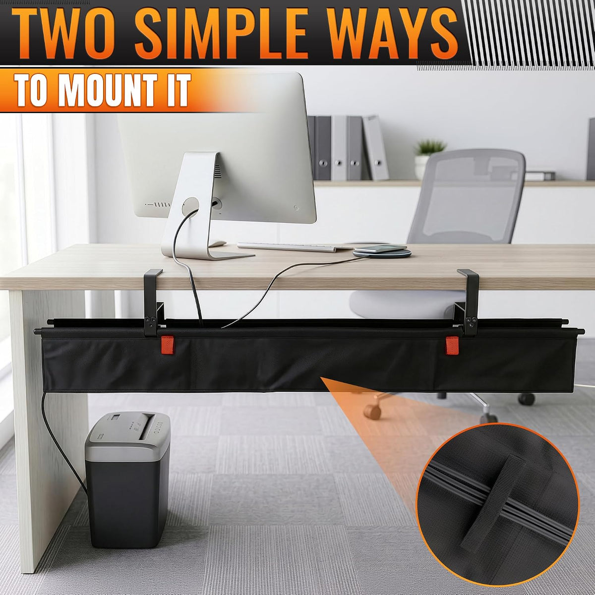 Under Desk Cable Management Tray 48" — No Drill Clamp-On Cord Organizer for Desk with Built-in Ties, Heavy Duty Metal Clamp, Foldable 600D Oxford Fabric for Home Office, WFH & Gaming PC Setup (Black)