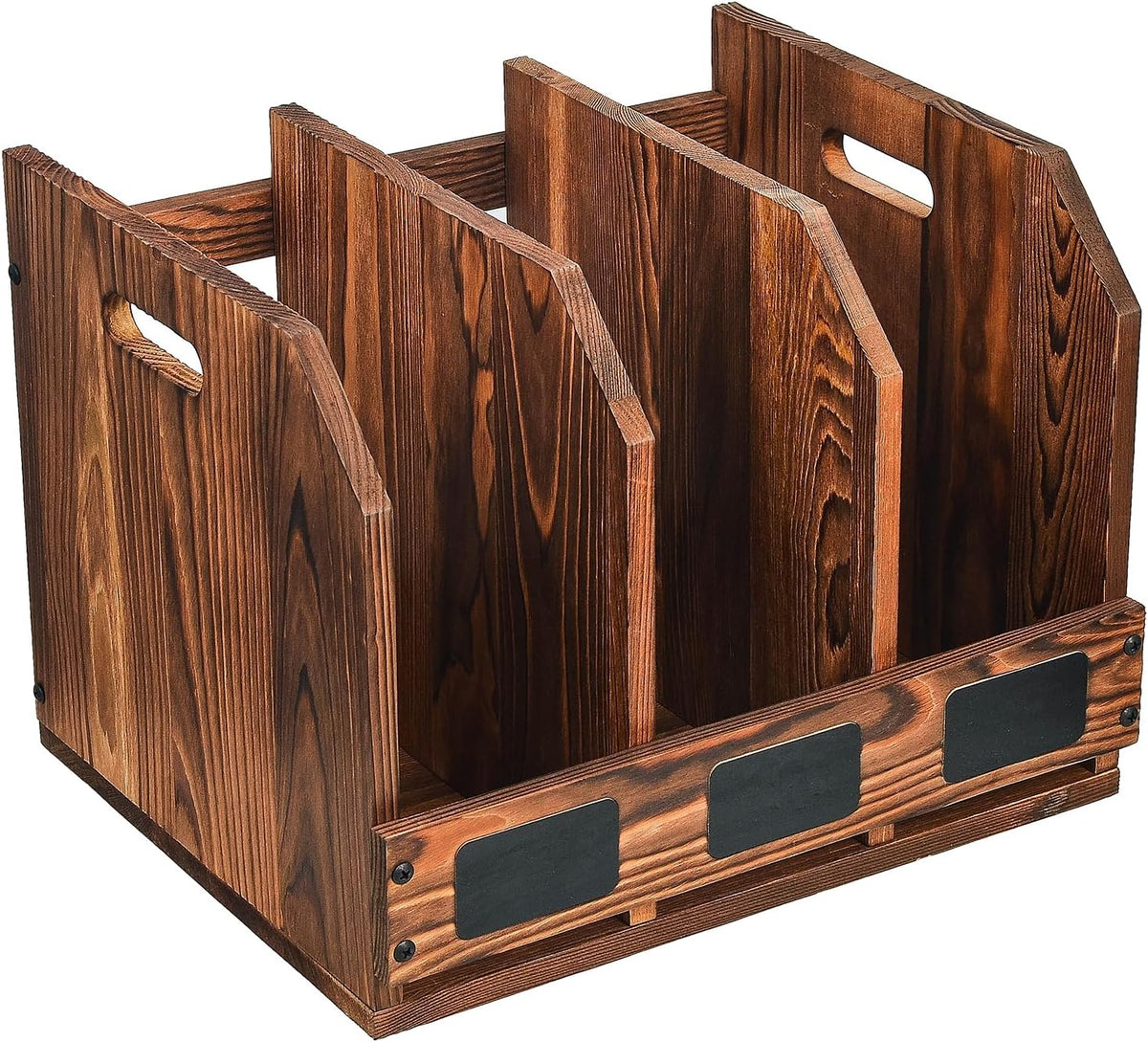 Rustic Torched Brown Wooden Desktop Document Organizer Office Chalkboard Labels File Folder Binder Sorter Storage Rack Multiple Compartments Table Organization Caddy Desk Shelf Paper Tray